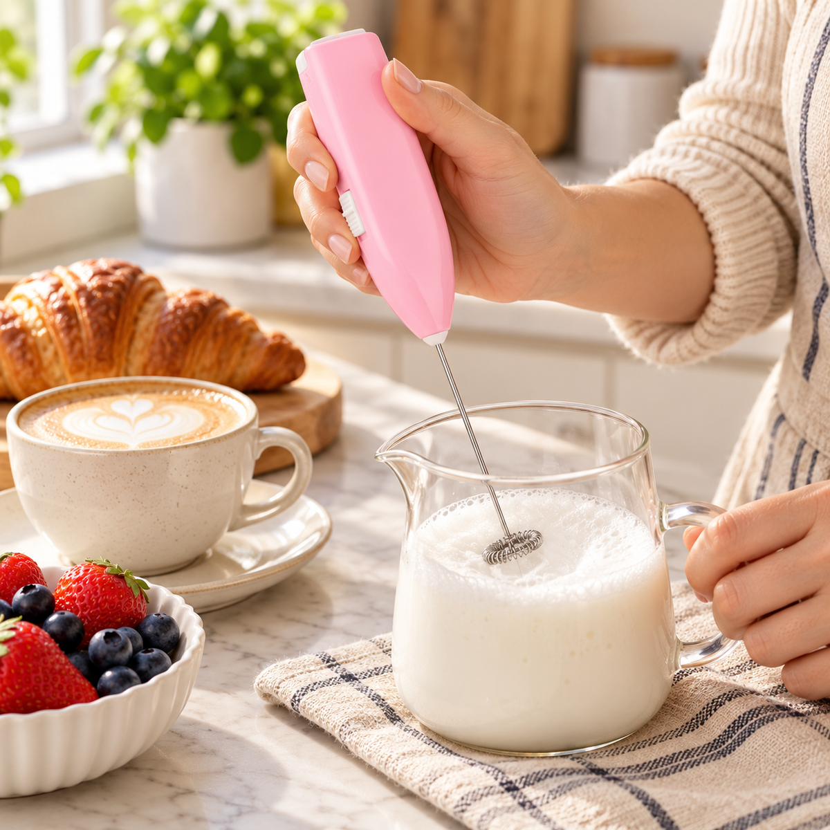 Mousseur à lait rose pour préparer du lait