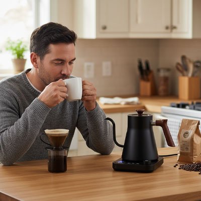 Petite bouilloire électrique permettant de préparer rapidement du café filtre dans une cuisine élégante et chaleureuse