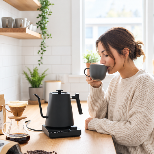 Petite bouilloire électrique avec femme buvant une boisson chaude