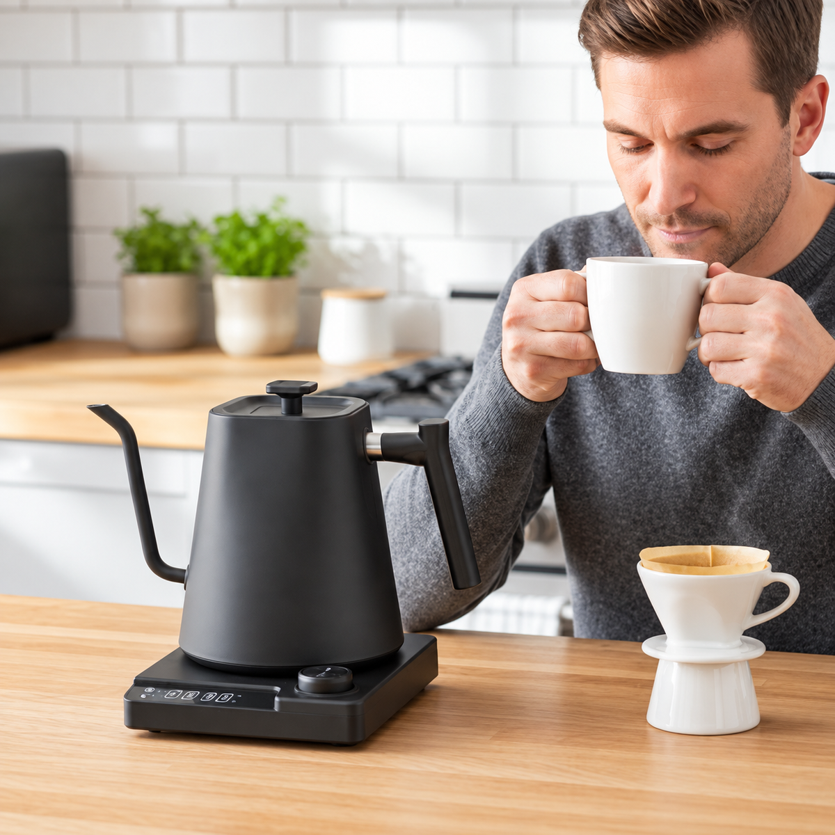 Petite bouilloire électrique avec homme tenant une tasse blanche