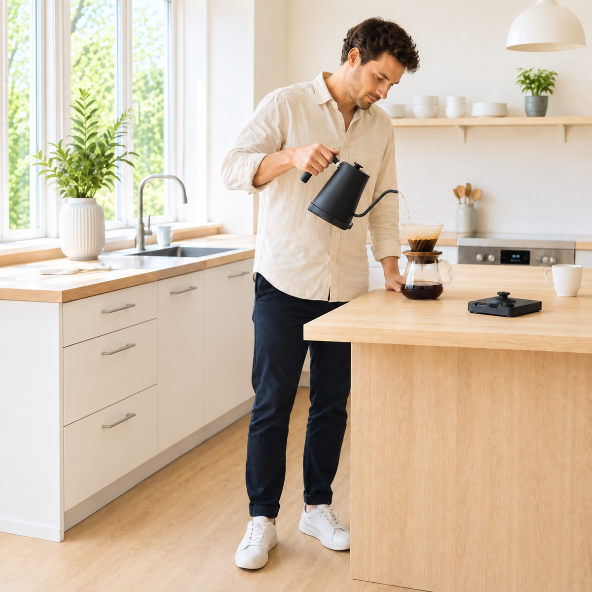 Petite bouilloire électrique utilisée pour préparer un café filtre