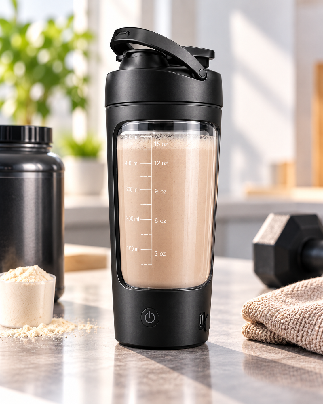Shaker électrique noir rempli de boisson protéinée