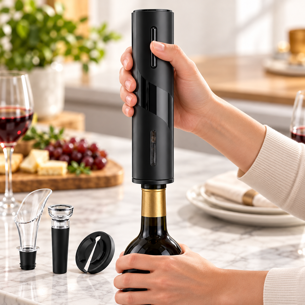 Tire-bouchon électrique ouvrant une bouteille de vin